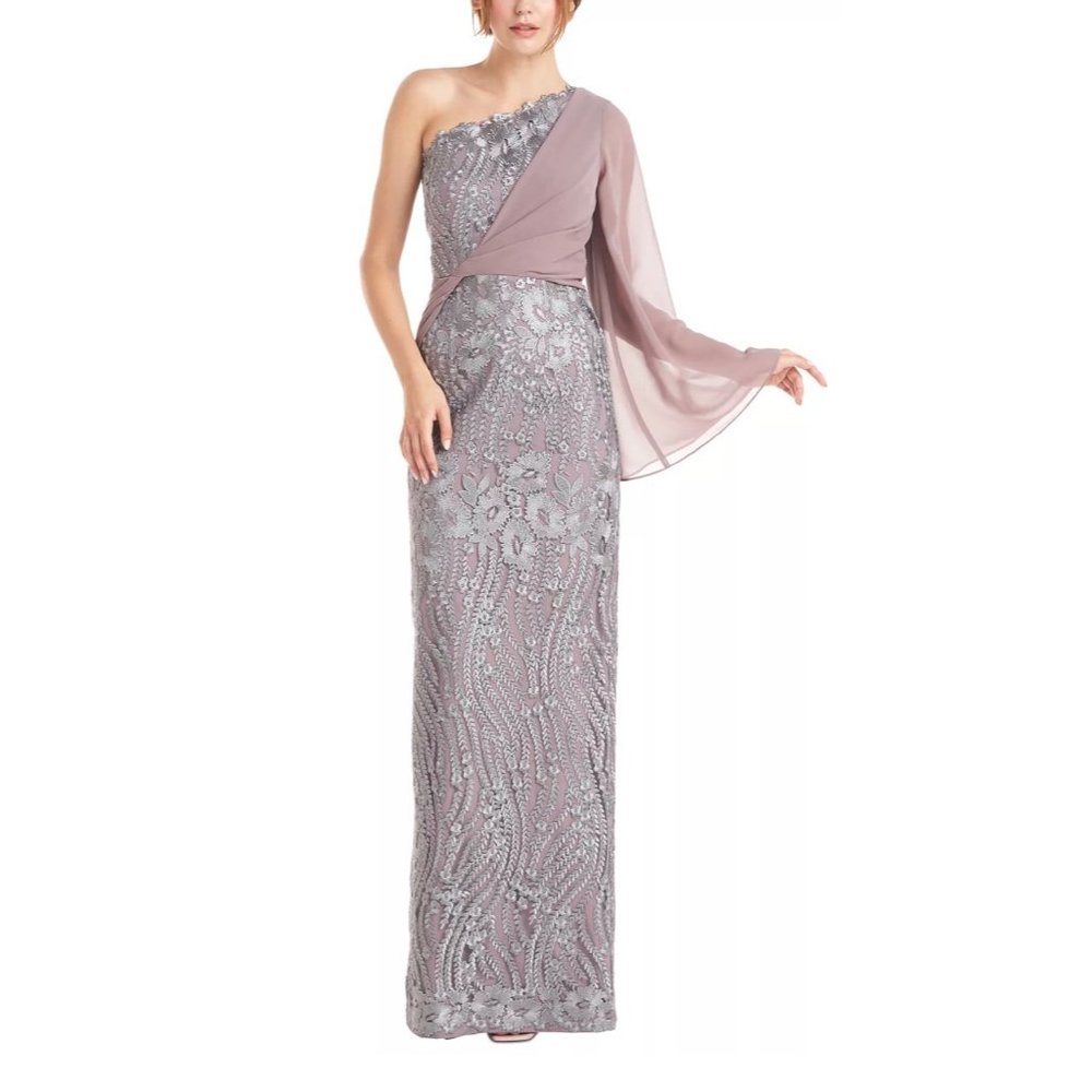 JS COLLECTIONS One Shoulder Embroidered Mesh Overlay Asymmetrical Gown Steel 12